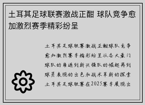 土耳其足球联赛激战正酣 球队竞争愈加激烈赛季精彩纷呈